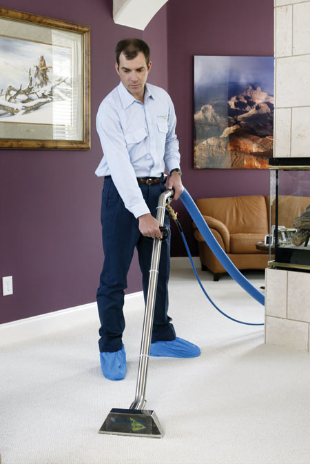 A technician cleans a carpet