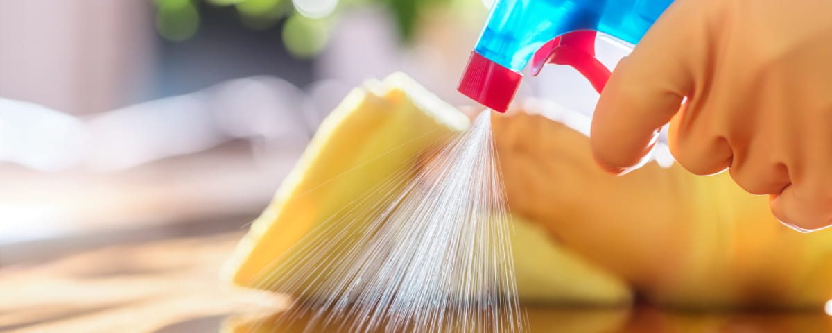 Cleaning with spray detergent, rubber gloves and dish cloth on work surface