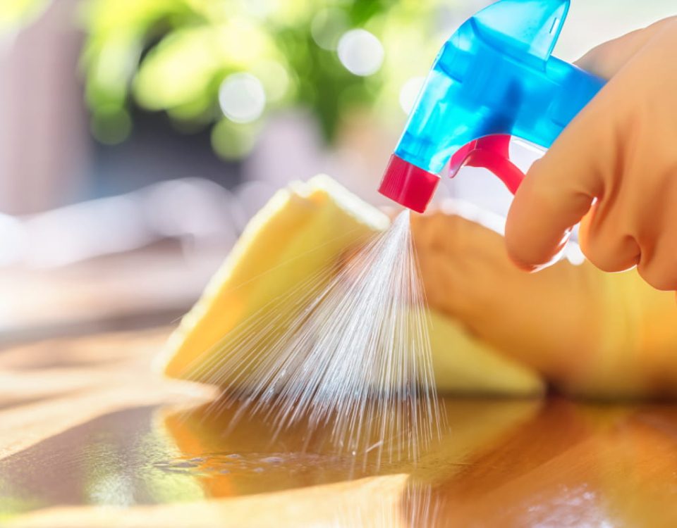 Cleaning with spray detergent, rubber gloves and dish cloth on work surface